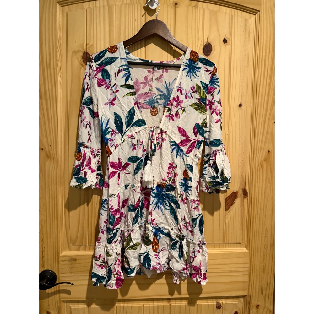 Blue Island Womens Tropical Floral Pineapple‎ Beach Coverup Dress White XS